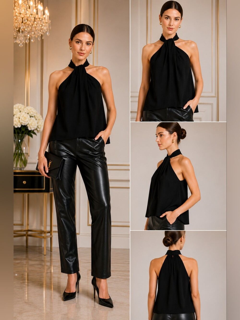 BCBGMAXAZRIA Twisted Halter Sleeveless Top – Black | Chic Back Keyhole Blouse
